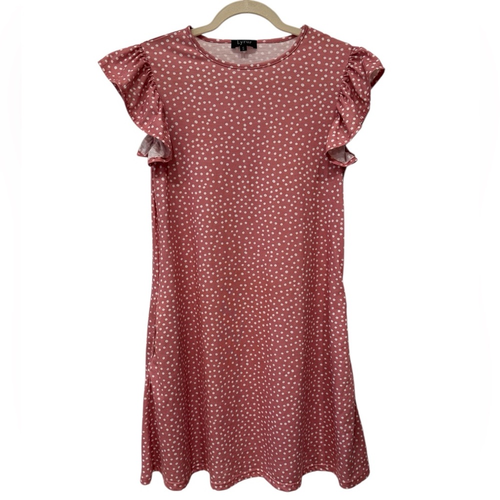 NWOT Lyrur Pink w/ White Polka Dots Mini w/ Ruffled Flutter Sleeves & Pockets